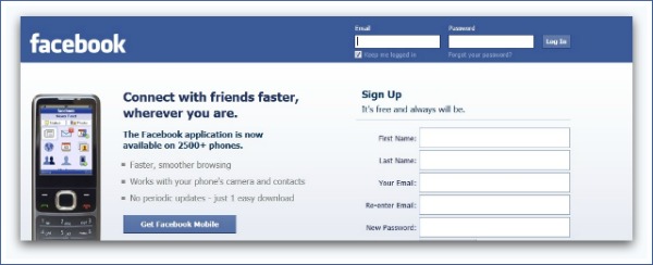 Facebook log in page